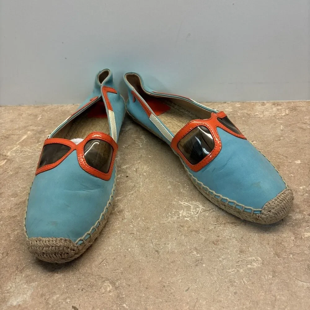 Tory Burch Sunglasses Leather Espadrille Shoes Women 8.5 Logo Leather Aqua